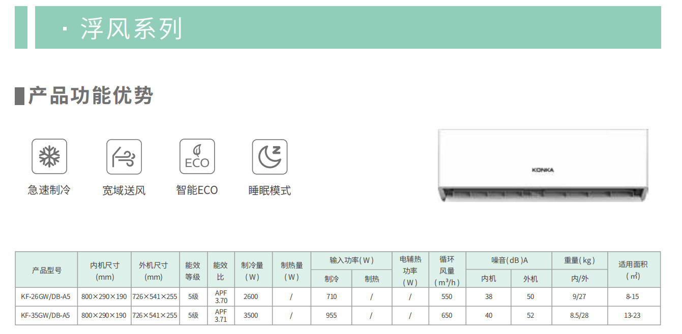 康佳定频 新能效 快速制冷 大风量 家用独立除湿壁挂式自清洁 空调 五级能效 KF-26GW/DB-A5 大1匹（含安装）