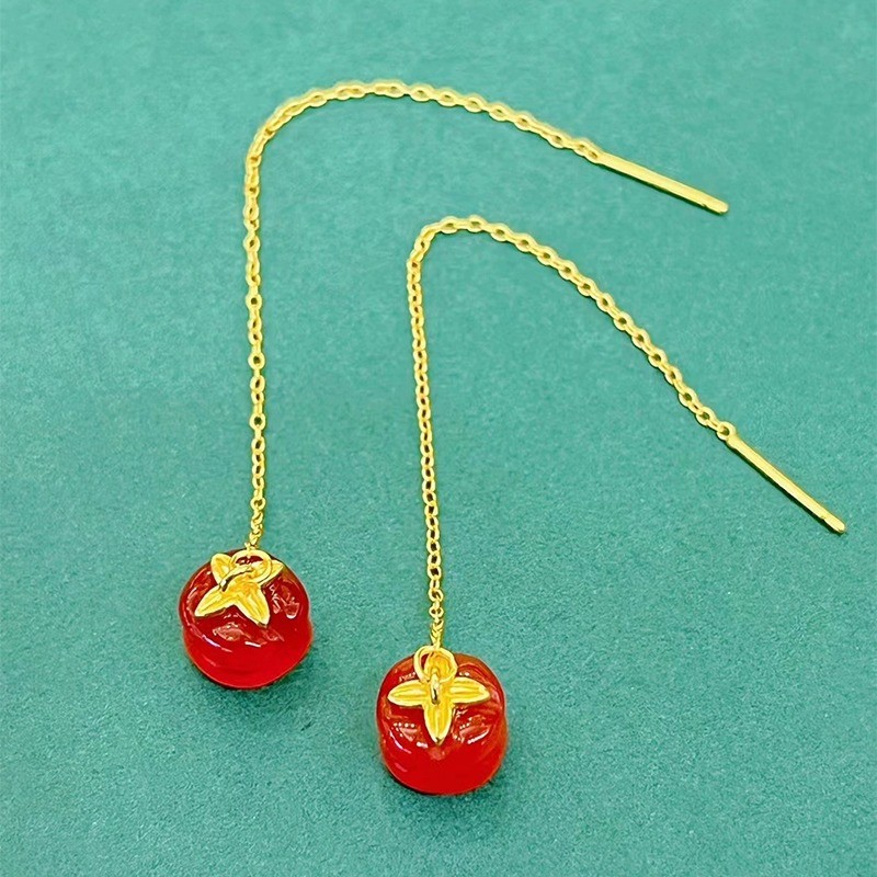 中国黄金925银《柿柿如意》耳钉耳线女简约ins轻奢复古高贵耳饰品