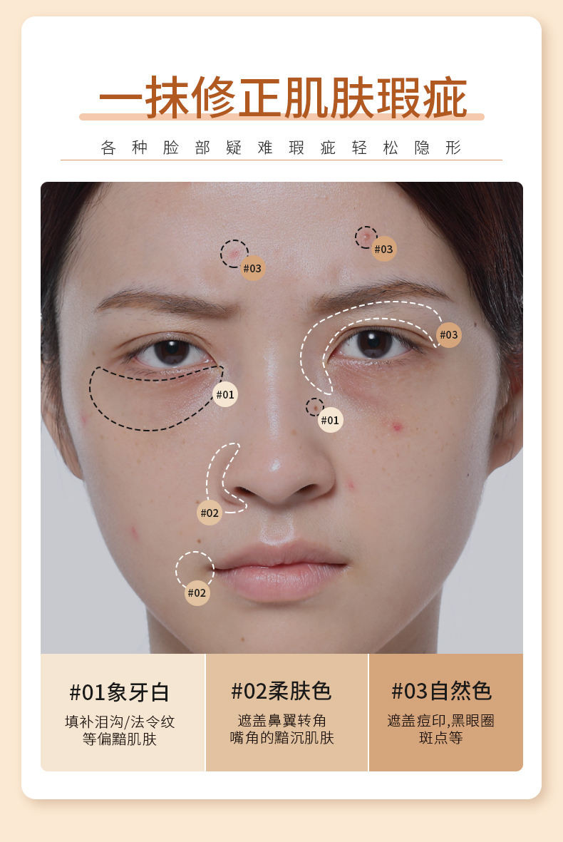 韩伦美羽丝柔三色遮瑕膏斑点黑眼圈痘 印防水防汗不卡粉遮瑕4.5g*3/盒