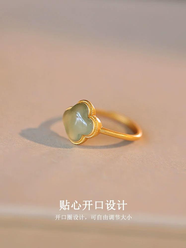 中国黄金幸运戒指天然和田玉银镀金高级ins小众设计开口可调节