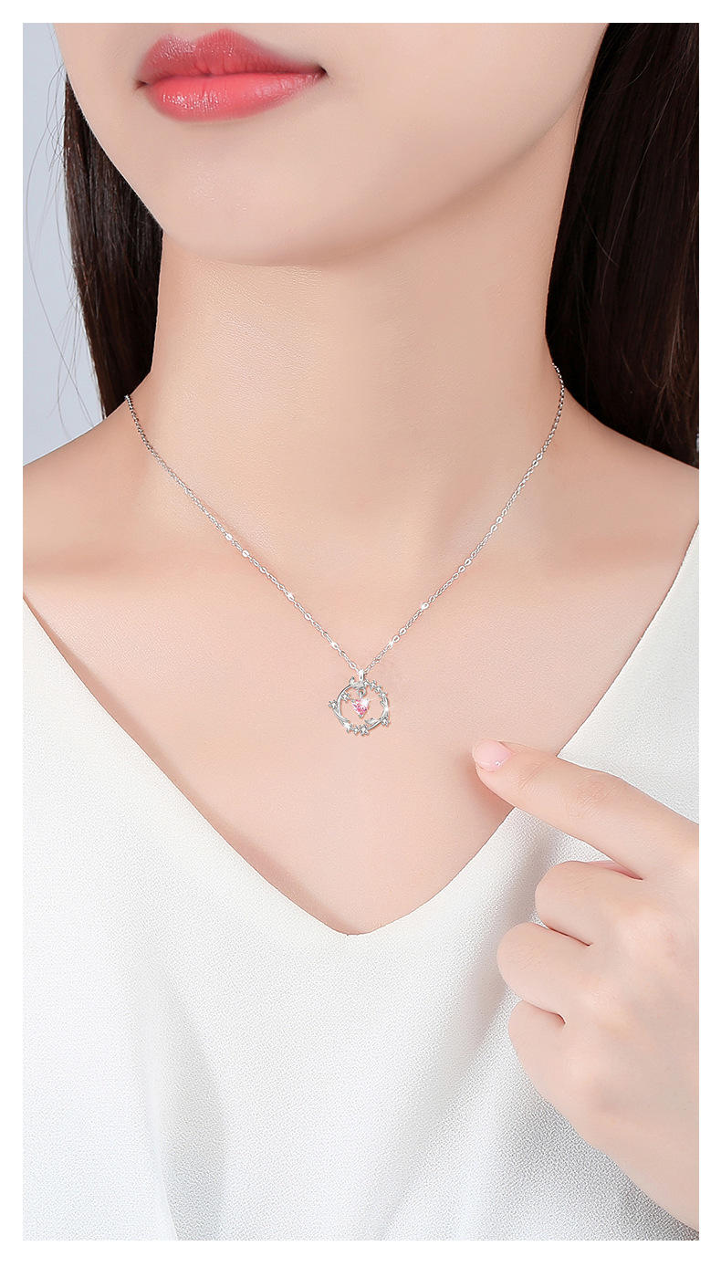 守护之心925纯银项链女小众设计轻奢款粉色锆石锁骨链