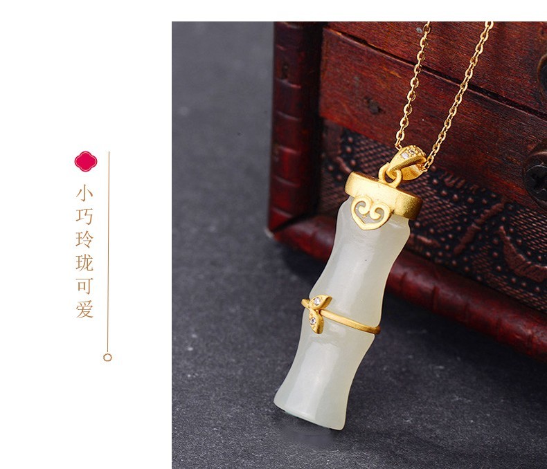 周大福S925银和田玉竹节吊坠富贵竹