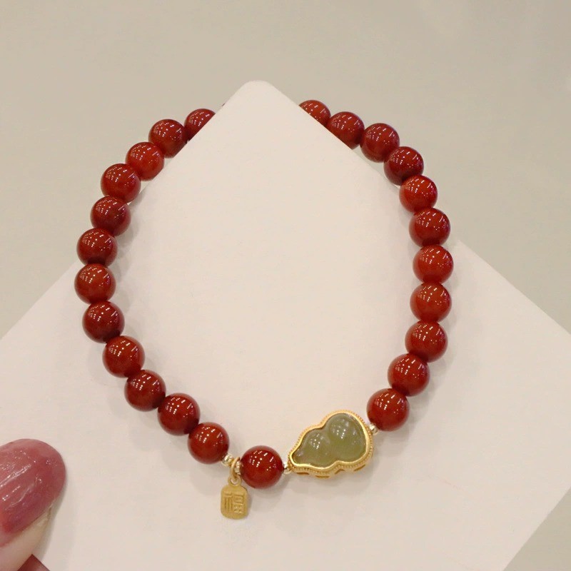 中国黄金平安福禄帝王朱砂手链女天然和田玉 葫芦蜜蜡招财转运古风铜钱手串