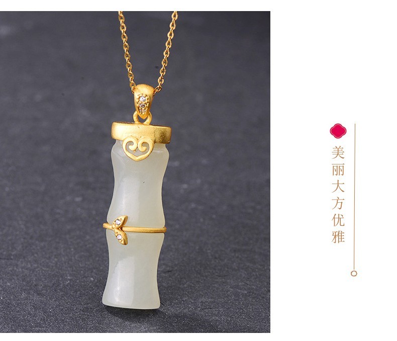周大福S925银和田玉竹节吊坠富贵竹