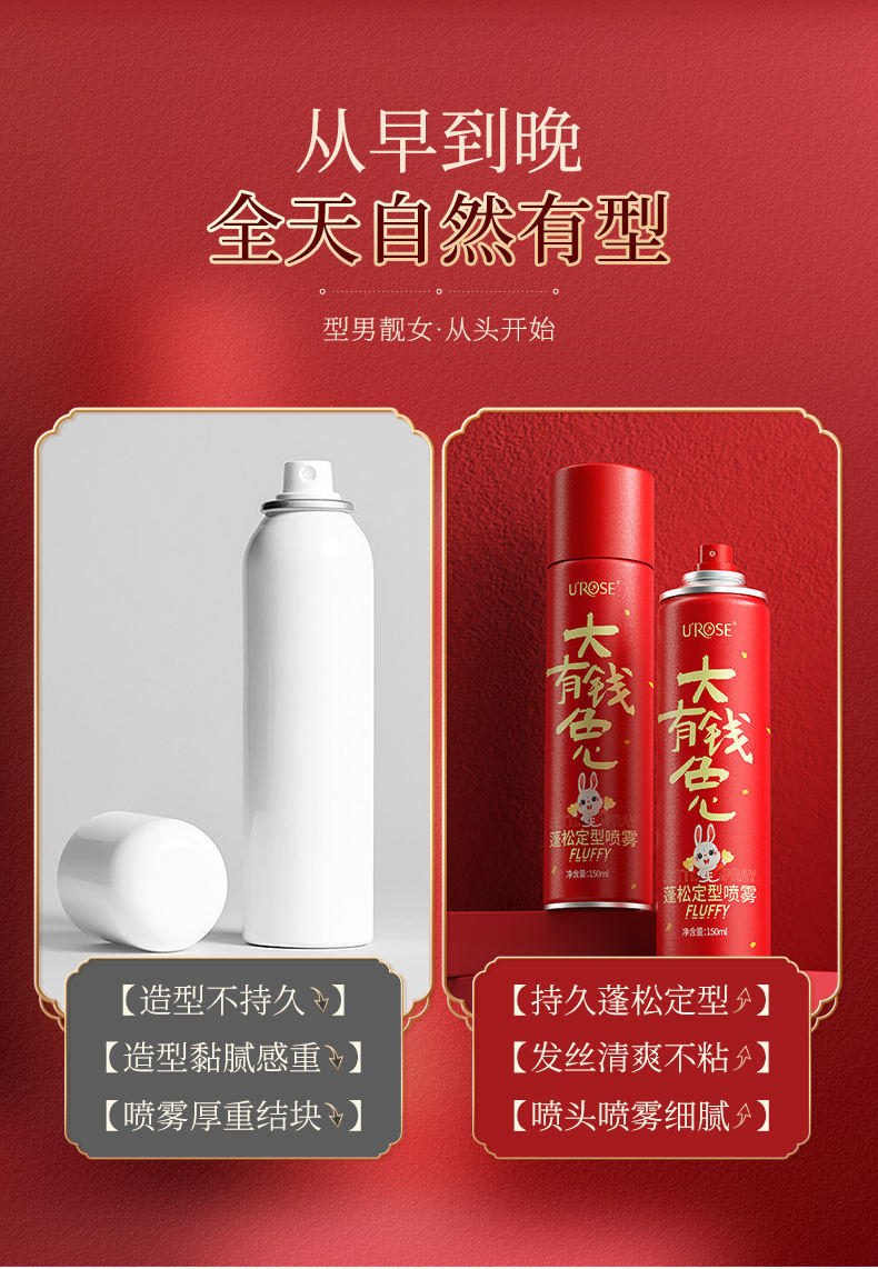 UROSE蓬松感定型喷雾清爽不油腻持久定型 喷雾150ml*3瓶（大有钱兔）