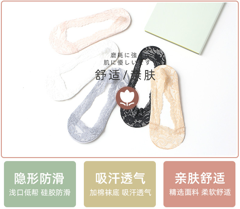 浪莎船袜女夏季薄款浅口全隐形袜春秋纯棉底短袜子硅胶防滑蕾丝袜混色10双装 ZT8266-10