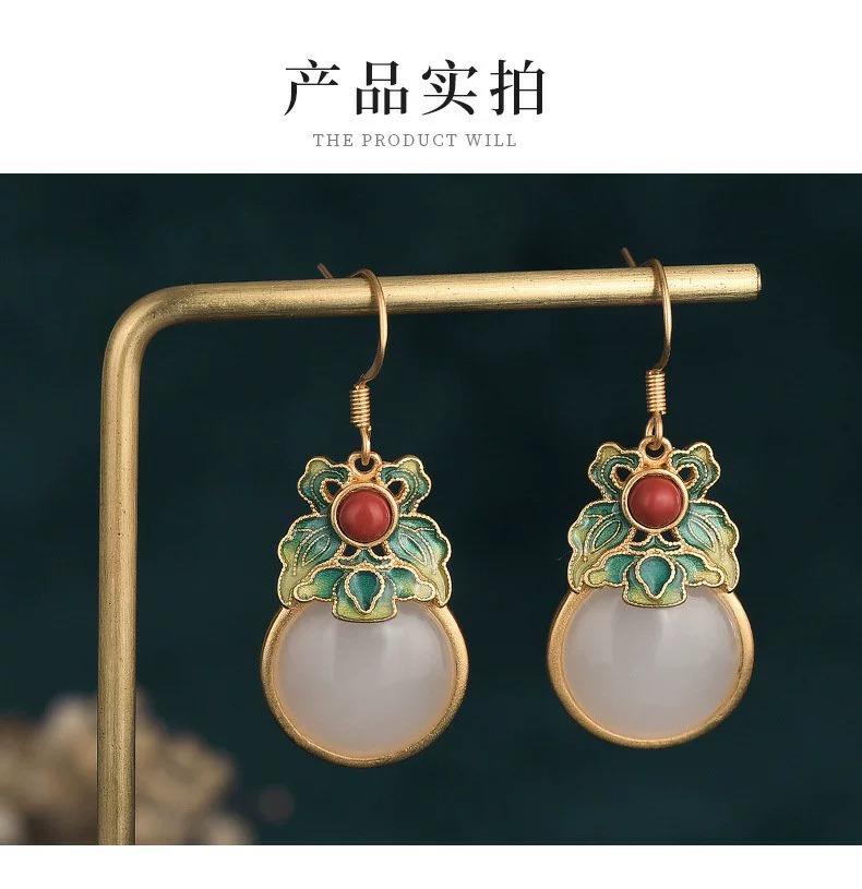 中国黄金宫廷风彩绘珐琅和田玉耳环女南红石古法耳环