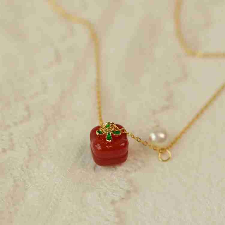 中国黄金s925纯银柿柿如意珍珠甜美水果创意设计锁骨链