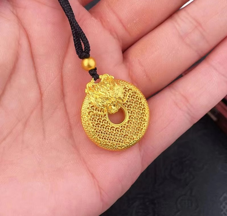 中国黄金足金9999古法镂空祥龙龙鳞平安扣吊坠
