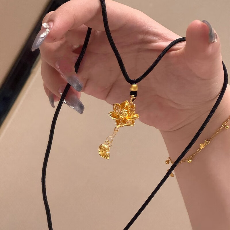 中国黄金999足金荷花莲蓬流苏项链锁骨链