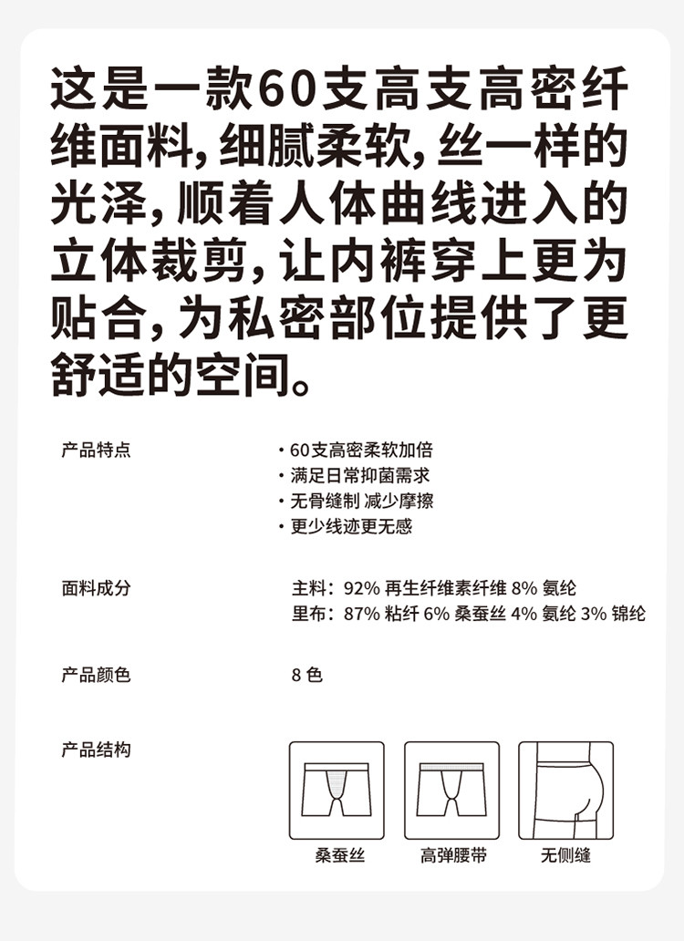 纤丝鸟（3条装加肥加大PLUS版）60支木维尔桑蚕丝抑菌里裆国家AAA级抗菌标准无痕男士平角裤ZC2319PLUS