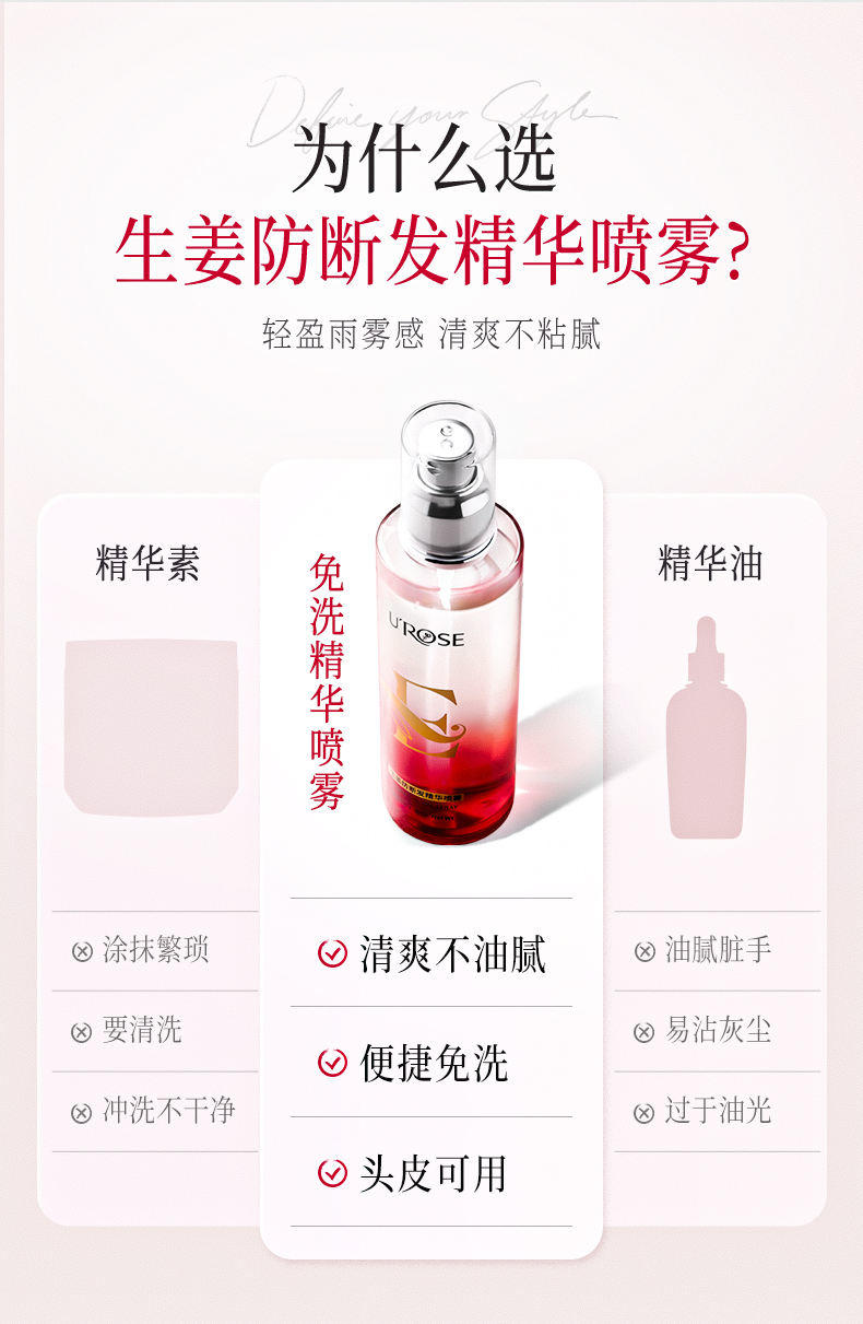 UROSE生姜防断发精华喷雾头皮护理修护毛躁分 叉护发喷雾80ml*2瓶