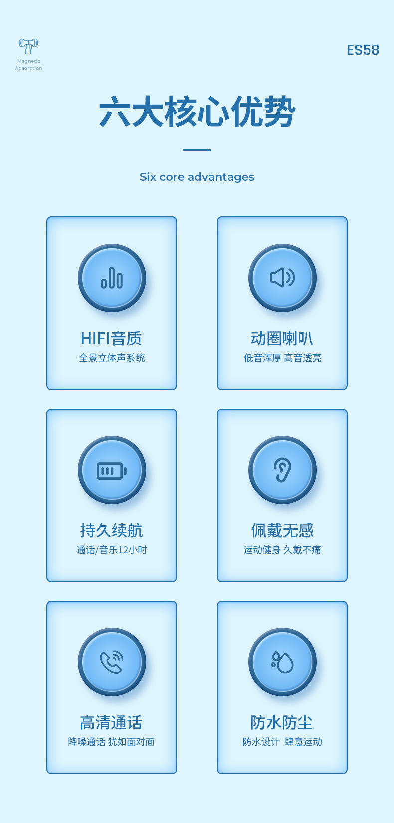 浩酷ES58 潮悦运动耳机磁吸收纳无线蓝牙耳机 雾霾蓝