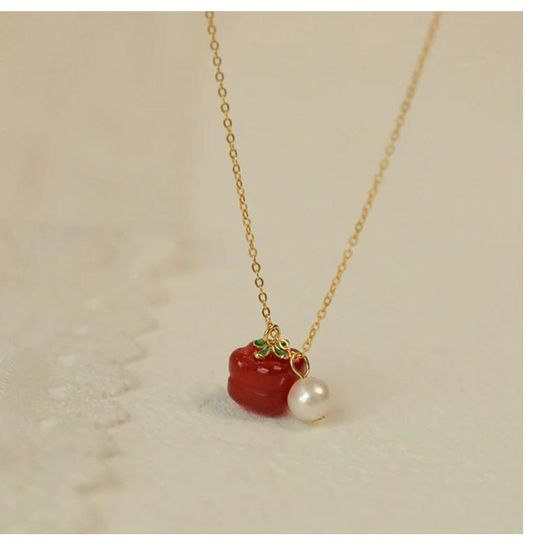 中国黄金s925纯银柿柿如意珍珠甜美水果创意设计锁骨链