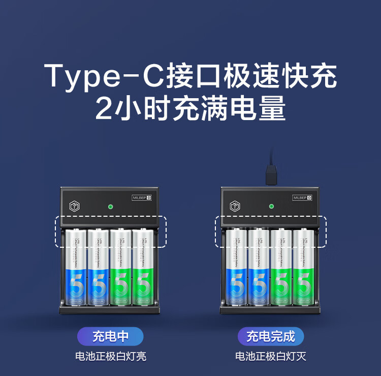 京东京造 5号充电电池 锂电池 1.5V恒压 Type-C充电 1000次循环充 4节快充充电套装 3000mWh