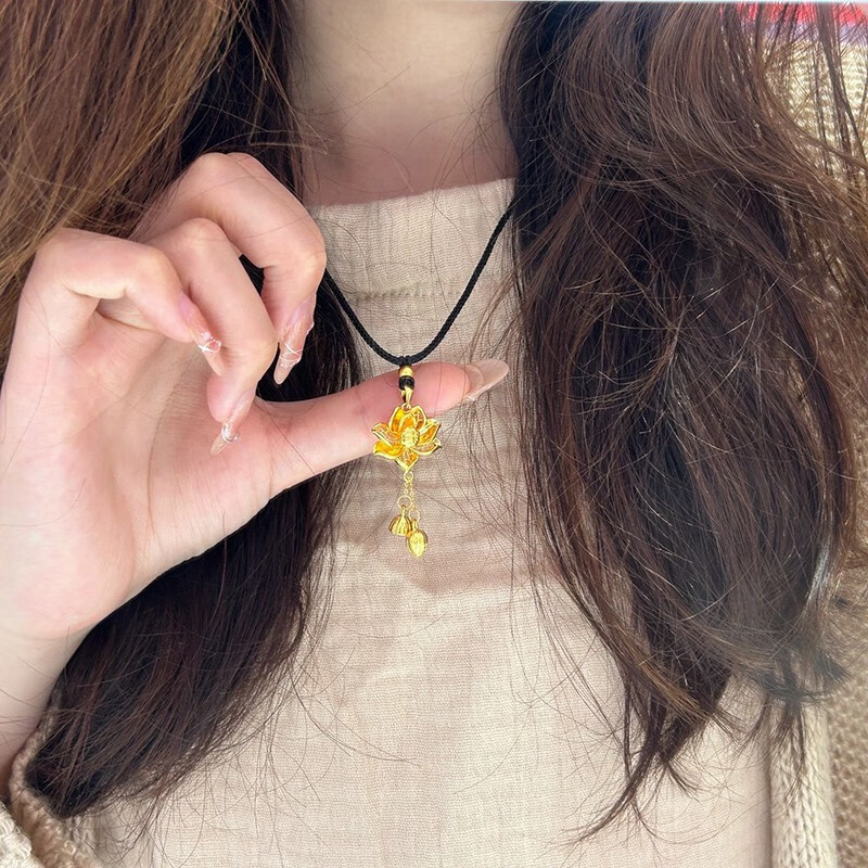 中国黄金999足金荷花莲蓬流苏项链锁骨链